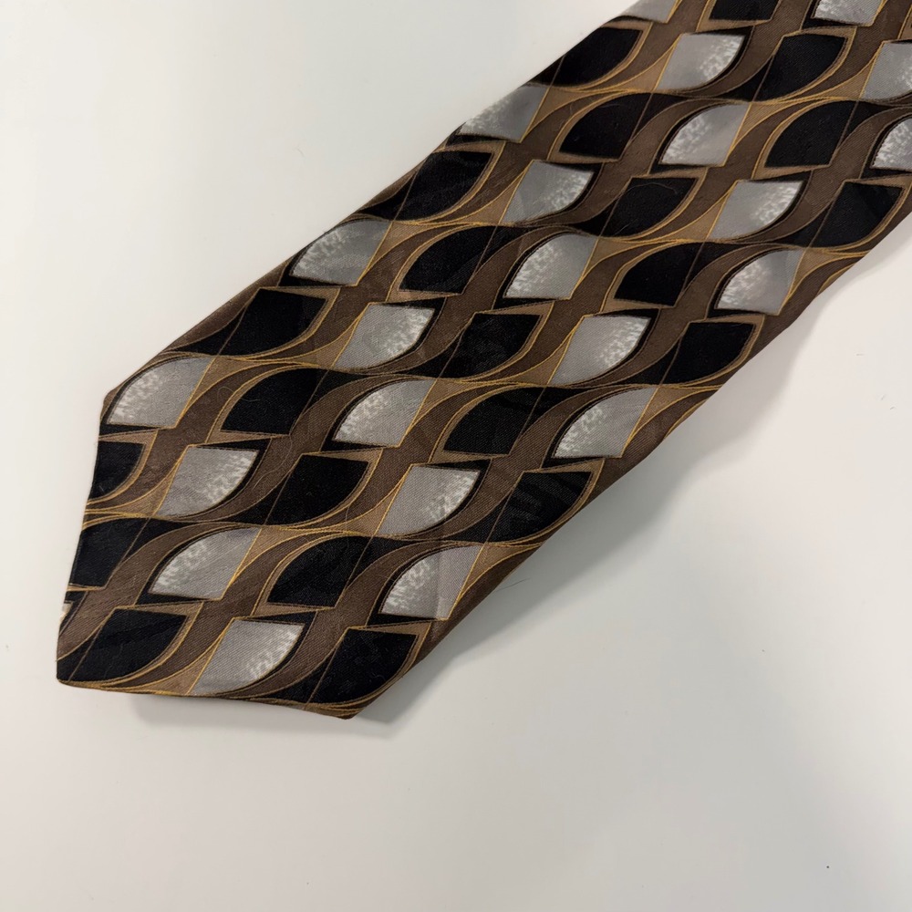 Vintage Haggar Mens Geometric Abstract Necktie Black Brown Silver Made in USA